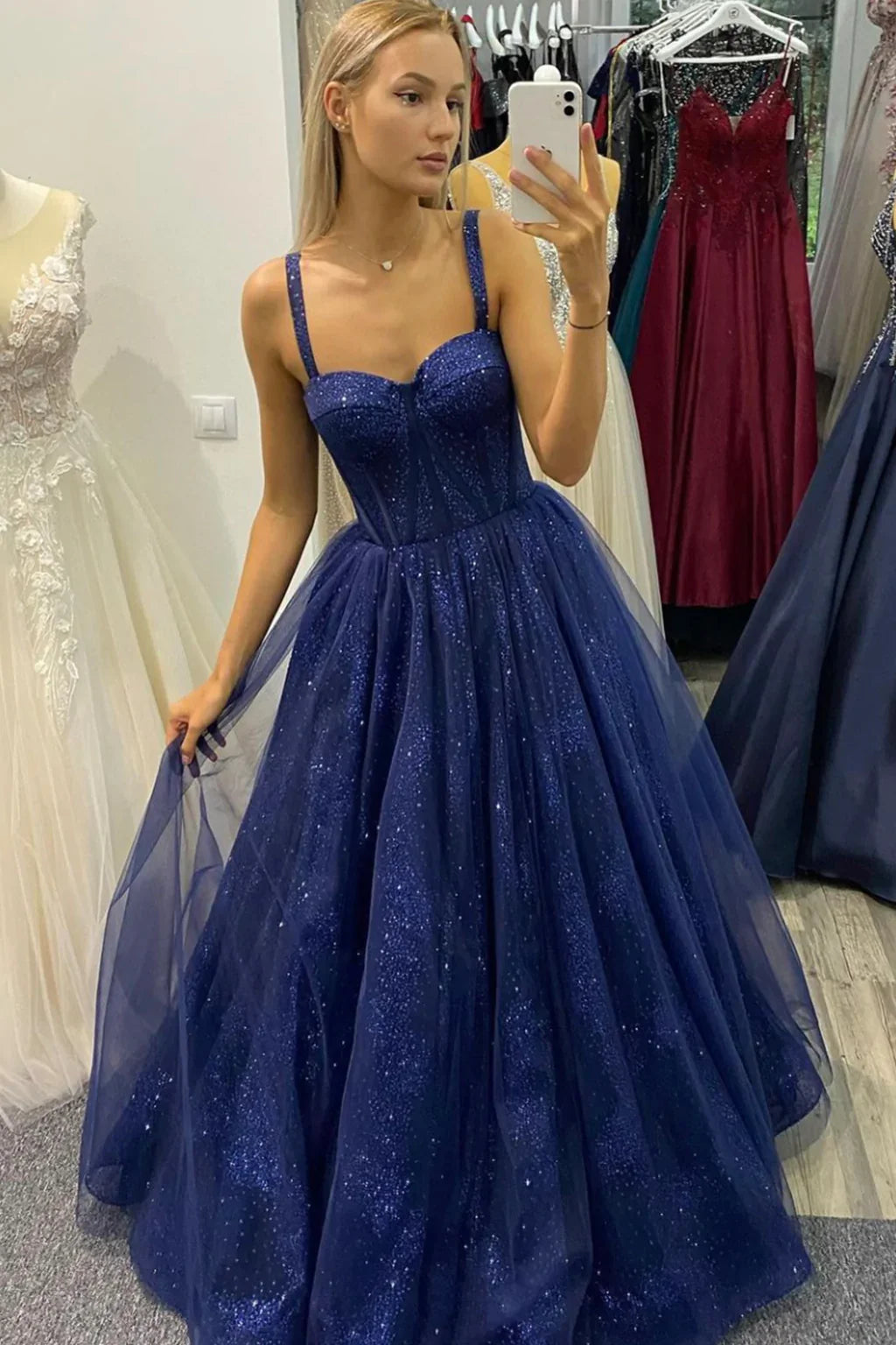 A-Line Blue Tulle Floor Length Prom Dress Blue Evening Party Dress