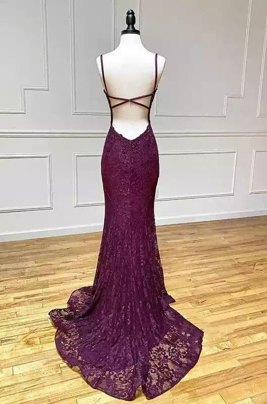 mermaid spaghetti straps grape lace beaded  Sleeveless long prom dress formal evening dress