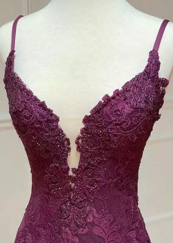 mermaid spaghetti straps grape lace beaded  Sleeveless long prom dress formal evening dress