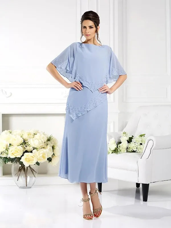 Short Sleeve Sheath Chiffon Bateau s Ankle-Length With Layers Mother of the Bride Dresses
