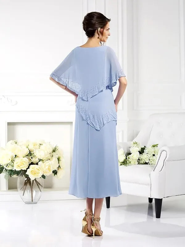 Short Sleeve Sheath Chiffon Bateau s Ankle-Length With Layers Mother of the Bride Dresses