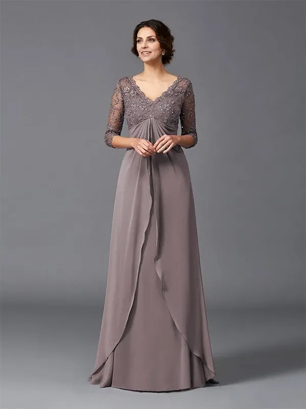 short Sleeves Floor-Length A-Line Chiffon V-neck With Lace Mother of the Bride Dresses