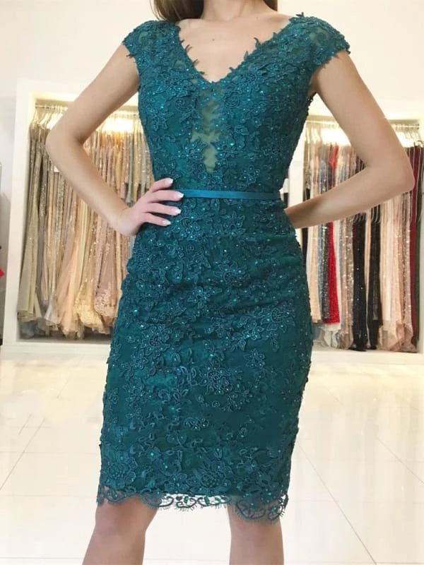 v neck Emerald Green Cap Sleeves Lace Beaded Short Prom Green Lace Formal Evening Party Dresses Homecoming Dresses