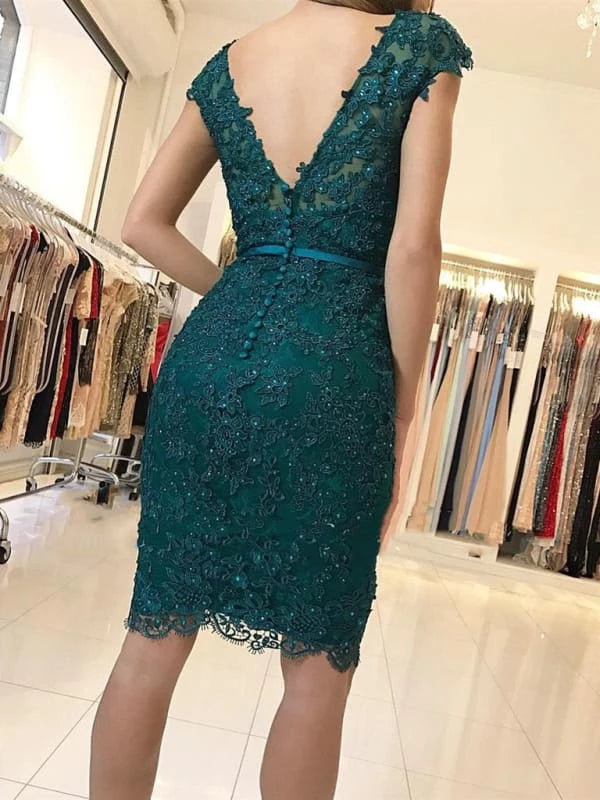 v neck Emerald Green Cap Sleeves Lace Beaded Short Prom Green Lace Formal Evening Party Dresses Homecoming Dresses